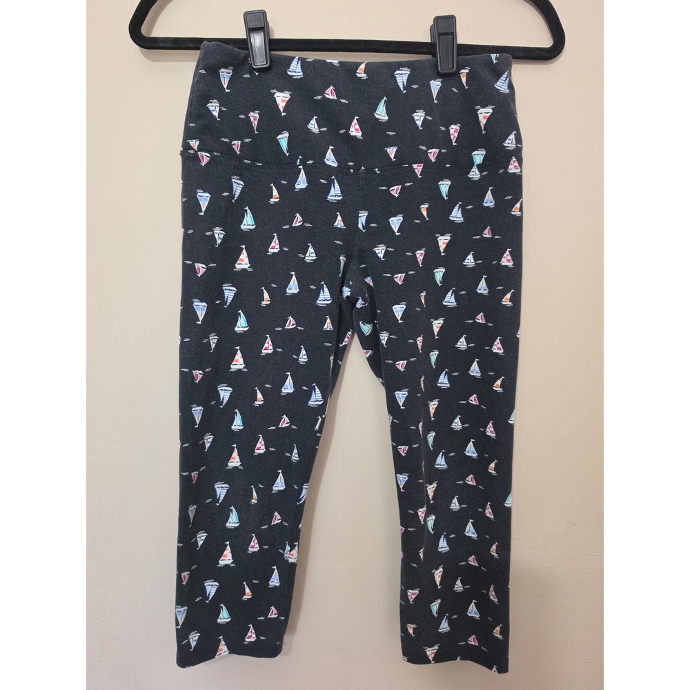 Nautical Sailboat Print High Waisted Cropped Leggings Charcoal Grey Small